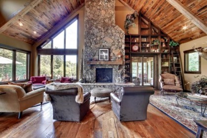 Stone fireplace and the large built in bookshelf with a ladder item-thumbnail